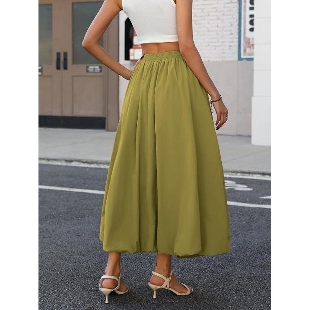 Elleven Women's Puffy Bubble Maxi Skirt w/ Pockets & Elastic Waist - Green - M - Picture 3 of 5